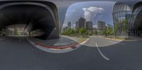 there is a cityscape of modern buildings from a fisheye lens in the foreground