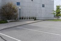 empty parking lot with two window on building next to bushes and trees, next to street light