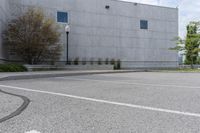 empty parking lot with two window on building next to bushes and trees, next to street light