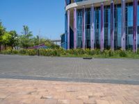 a building with pink glass and purple striped exterior is shown with the brick path on the left