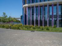 a building with pink glass and purple striped exterior is shown with the brick path on the left