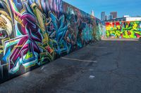 street art on the walls in a parking lot with tall buildings in the background and blue skies above