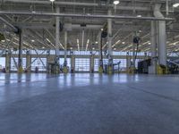 some people in an indoor building with blue lines on the floor and yellow poles at the entrance