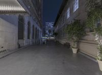 an empty sidewalk is in between two tall buildings with lights on the windows and a small bench at the end of it