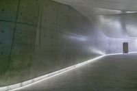 a man standing in a building looking down at an indoor tunnel underneath a bridge that is built to allow people walking on the ground