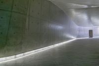 a man standing in a building looking down at an indoor tunnel underneath a bridge that is built to allow people walking on the ground