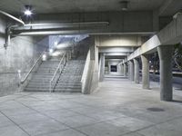 concrete steps are lined with concrete handrails and trees in the background at night