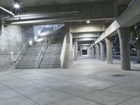 concrete steps are lined with concrete handrails and trees in the background at night