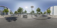 a 3d image of an empty street in a city setting, with trees and a bench at both sides