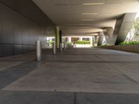 a walkway in an empty commercial office building and a few bollar posts are on the walkway