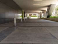 a walkway in an empty commercial office building and a few bollar posts are on the walkway