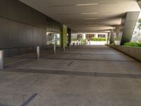 a walkway in an empty commercial office building and a few bollar posts are on the walkway