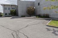 an empty parking lot with grass growing out of it's corner and a tree in front of a large, gray concrete building