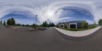 this is a panorama from a small skateboard park on the street below the buildings