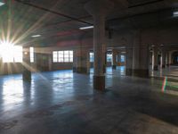 the light is shining into an empty building with columns and concrete floors, it is very bright with just a few bright spots