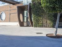 an outdoor area with planters and two small trees, in front of a building