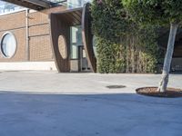 an outdoor area with planters and two small trees, in front of a building