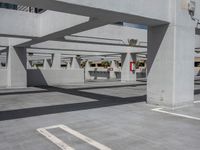 parking garage with two long empty space for cars, a parking meter and parking meters