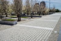 Urban Park with Cobblestone Walkway and Architectural Buildings