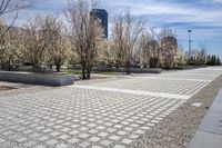 Urban Park with Cobblestone Walkway and Architectural Buildings