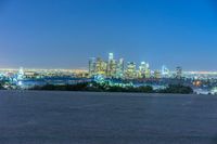 a night view of the city and skyscrapers from atop a hill with a park bench