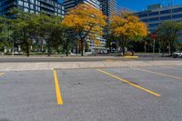 an empty parking lot in the city with tall buildings in the background and bright trees around