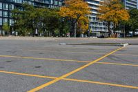 yellow lines in a parking lot with trees on either side of the parking lot and large buildings in the background