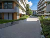 the courtyard in front of two large apartment buildings with plants on each side of the building