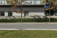 a street corner and an empty sidewalk in front of a white building with glass windows