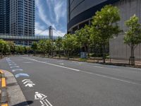 empty road with white lines on the streets of city area against cloudy blue sky on a sunny day