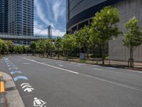 empty road with white lines on the streets of city area against cloudy blue sky on a sunny day