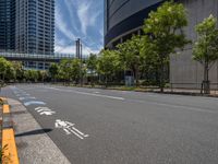 empty road with white lines on the streets of city area against cloudy blue sky on a sunny day