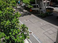 several vehicles are parked under an awning beside a walkway and tree filled sidewalk in the city