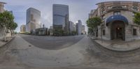 the image is of an empty street in an urban setting taken from a fish eye view