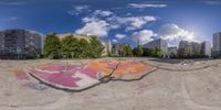 a panoramae of a skate park with multiple colors in it and an empty lot near by