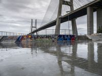 this is an urban skate park with graffiti painted on it's concrete ground and a bridge in the background