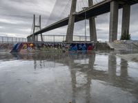 this is an urban skate park with graffiti painted on it's concrete ground and a bridge in the background