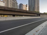 a paved highway runs beneath a large bridge in the middle of a city skyline under which skyscrapers, a blue sky and some trees and tall buildings are