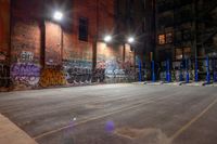 a empty parking lot with graffiti on the walls at night in an old factory complex