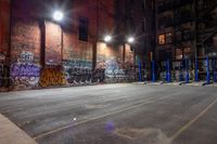 a empty parking lot with graffiti on the walls at night in an old factory complex