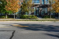 a fire hydrant on a tree lined street next to tall buildings and trees with autumn leaves in the window