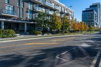 there are buildings near a street and some trees on the side of the road of the street