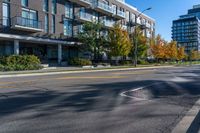 there are buildings near a street and some trees on the side of the road of the street