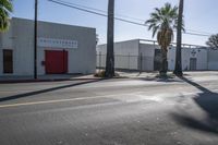 there is a red fire hydrant on the corner of a street with palm trees