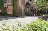 the steps leading to this building are next to a tree and a brick wall in the background