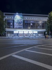 the intersection of a crosswalk and a traffic light in an urban city area at night