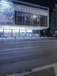 the intersection of a crosswalk and a traffic light in an urban city area at night
