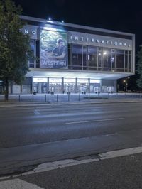 the intersection of a crosswalk and a traffic light in an urban city area at night