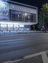 the intersection of a crosswalk and a traffic light in an urban city area at night