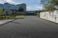 a walkway and sidewalk near buildings with graffiti on them and trees and shrubs in the foreground